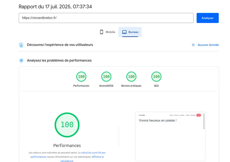 évaluation du site vincentbreton.fr par pagespeed insights au 17 juillet 2025
