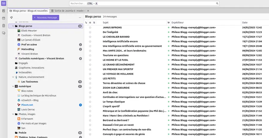 les flux d'articles rangés par dossiers rss