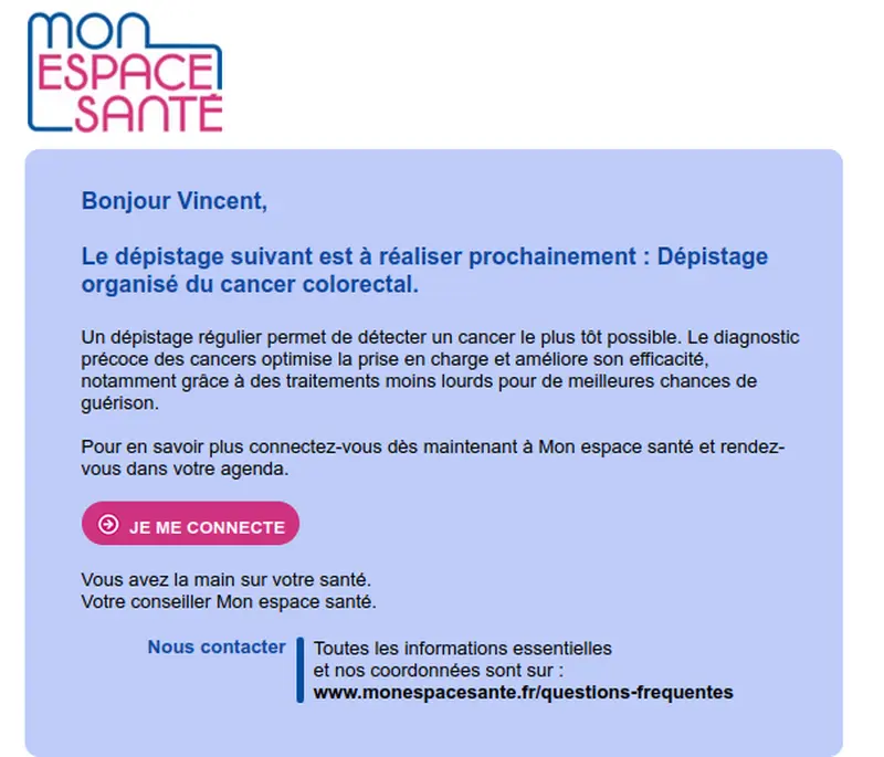 message de mon espace santé pour réaliser un test