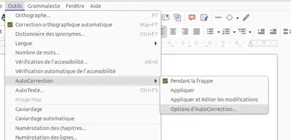 options d'autocorrection dans LibreOffice