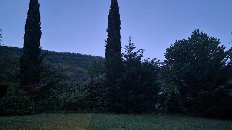 le lever du jour sur le jardin, on devine la silhouette des arbres, les cyprès et le causse à l'arrière plan