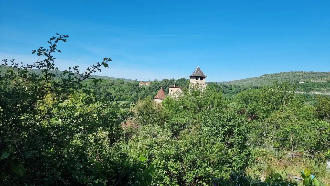 on devine dans la verdure du causse le donjon du château de Salvagnac-Cajarc