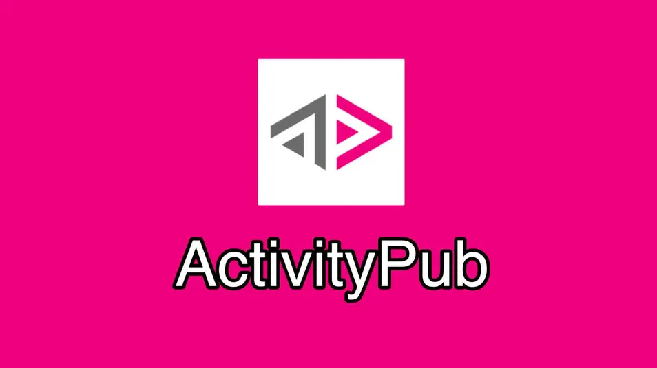 logo activitypub sur fond rose on voit le nom ActivityPub sous un carré blanc avec des triangles qui forment un losange