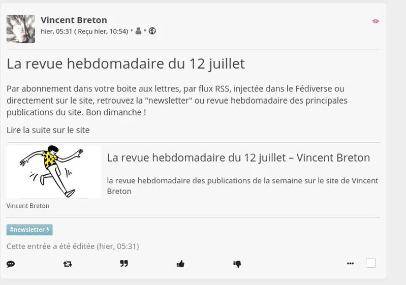 copie d'image de l'envoie d'un article dans le fédiverse vue d'un compte Friendica