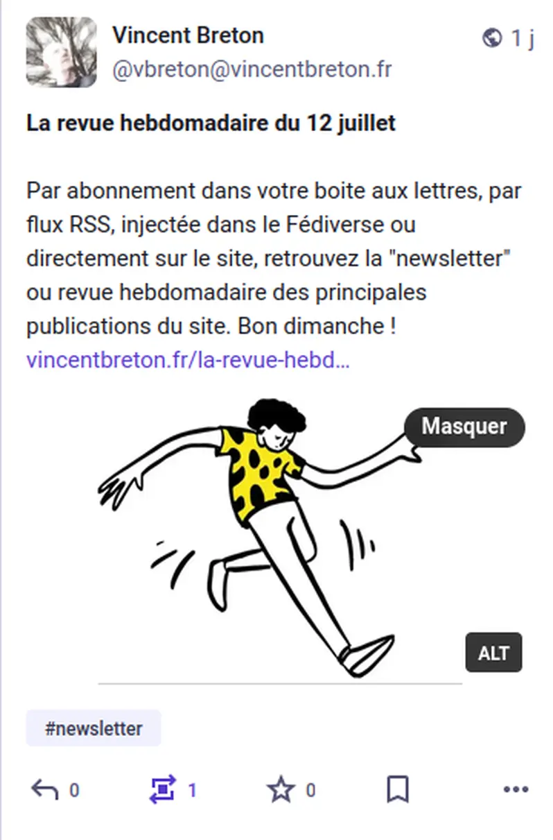 copie d'écran de la publication d'un article du site dans le Fédiverse vue depuis une instance Mastodon